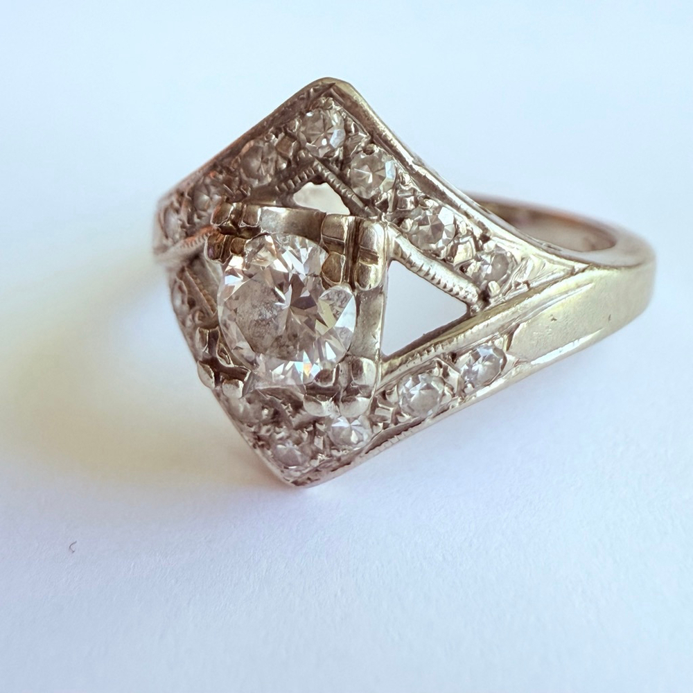 Estate Art Deco 14K Gold Custom .50 CT Solitaire Diamond Antique Engagement Ring - Picture 5 of 13